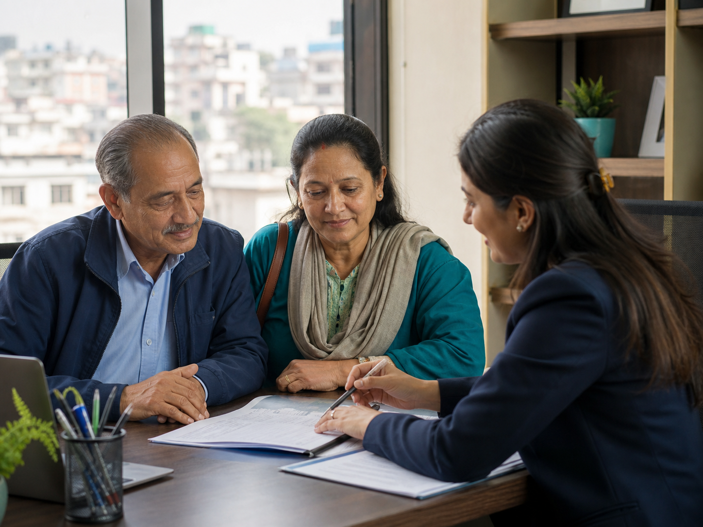 Parents discussing a family visa application with an adviser