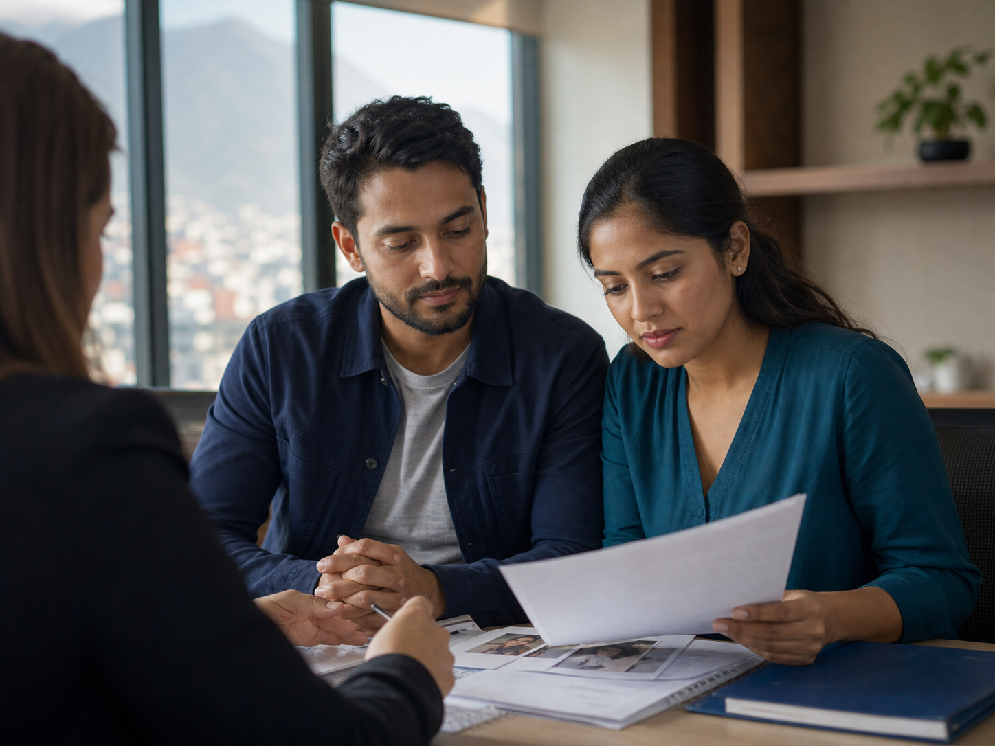 Couple reviewing partner visa documents with an adviser