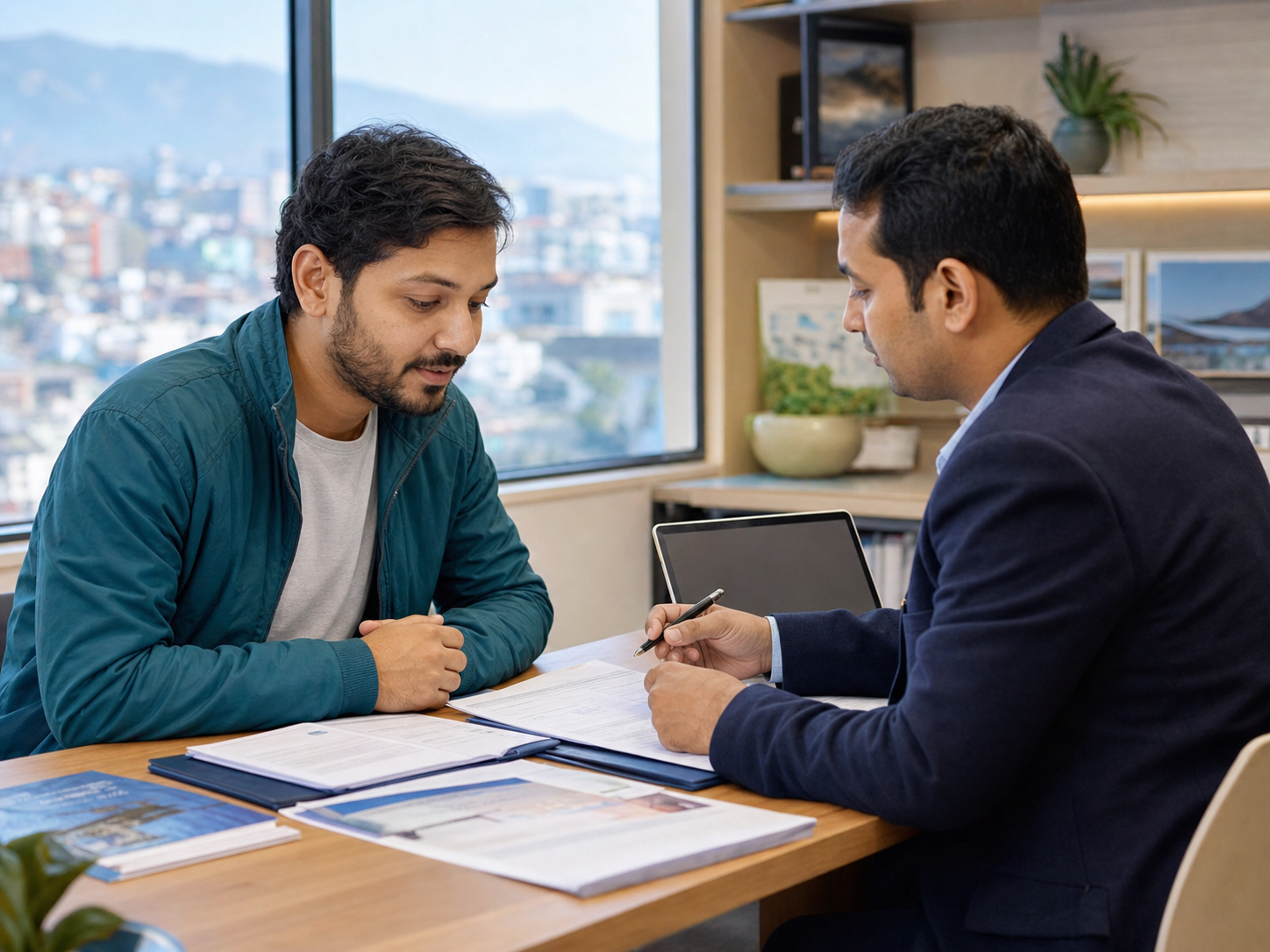 Traveller reviewing visitor visa documents with an adviser
